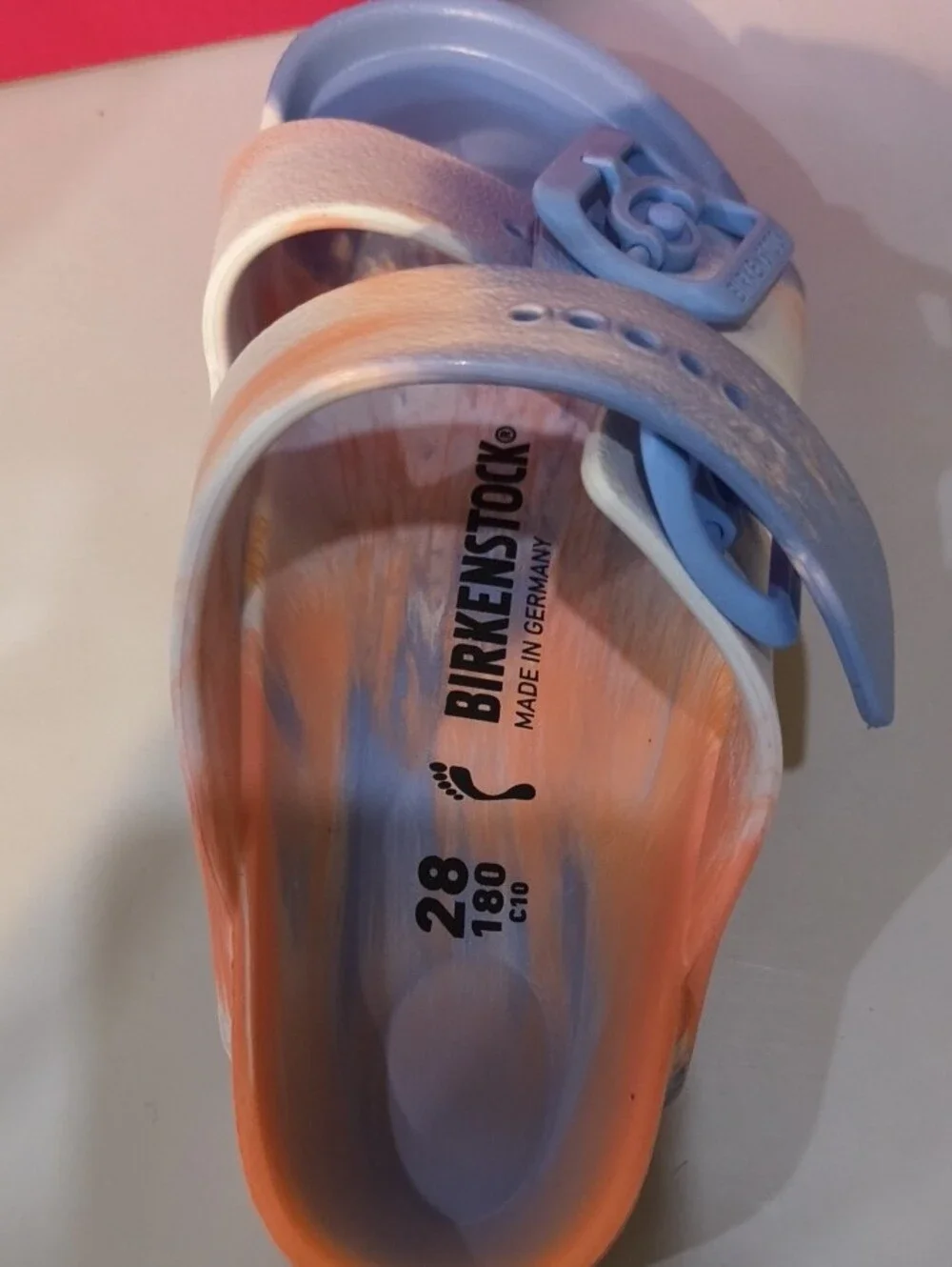 Birkenstock Kids Two-Strap Slides in Light Blue and Peach Tie-Dye
